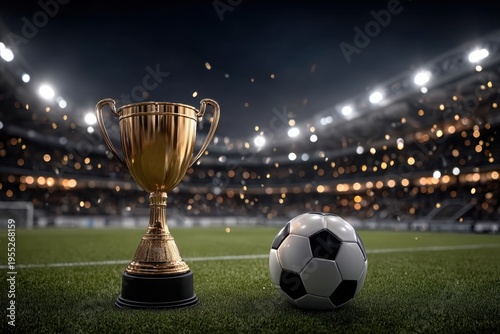 Golden trophy and black and white soccer ball positioned on green grass field in a stadium with blurred lights in the background. Sporting victory, victory in professional football, tournament success