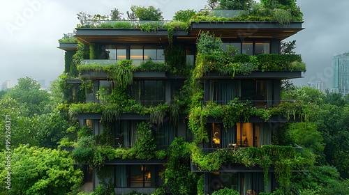 Verdant, multi-story building, lush vegetation, urban setting