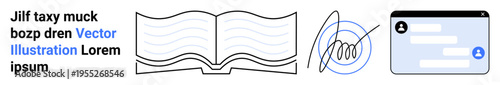 Education, e-signature, digital interaction, online profiles, navigation, user access. Open book, abstract scribble signature and user interface elements. Education and e-signature concept