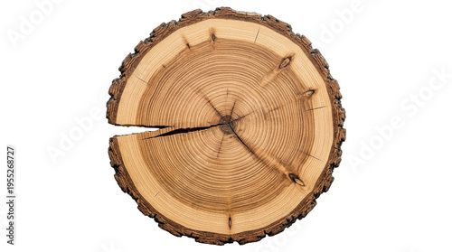 Bild auf Leinwand Detailed cross section of a cut tree trunk log showing annual growth rings and c