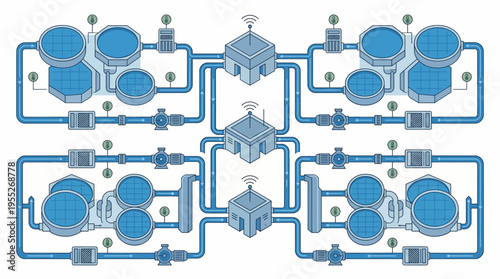 Industrial process system with interconnected machinery.