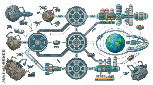 A futuristic industrial concept with planet Earth.