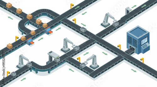 An illustration of a robotic factory assembly line with conveyor belts and machinery.
