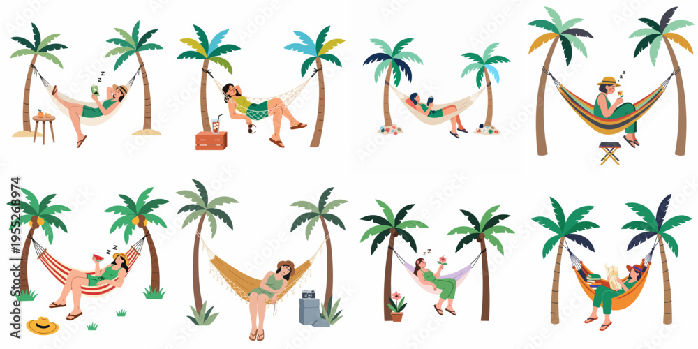 Fototapeta premium Set of vector illustrations depicting women relaxing, sleeping, and reading in hammocks under palm trees during a tropical summer holiday.