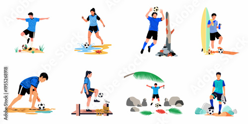 Set of beach soccer illustrations featuring men and women playing football in coastal and tropical settings with shells, surfboards, and palm leaves.