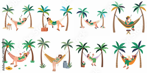Set of vector illustrations depicting women relaxing, sleeping, and reading in hammocks under palm trees during a tropical summer holiday.