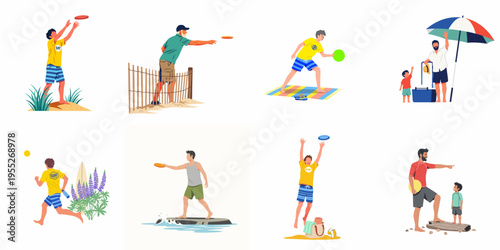 Flat vector illustrations of men and boys enjoying various summer activities and sports on a sunny beach.
