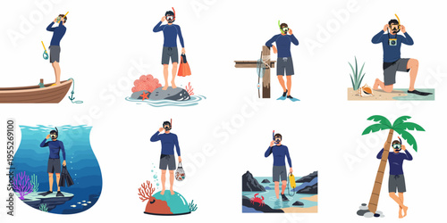 Flat vector illustration collection of a man snorkeling in various beach, boat, and underwater settings during a tropical vacation.