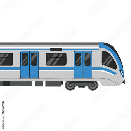 Modern commuter train, silver and blue, with dark windows and doors