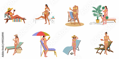 Collection of flat illustrations showing women in yellow bikinis relaxing on deck chairs and enjoying various summer and beach activities.