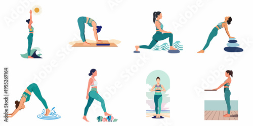 Set of Minimalist Vector Illustrations of a Woman Practicing Various Yoga Poses with Nature-Inspired Elements Like Ocean Waves and Shells