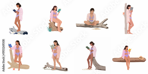 Collection of flat illustrations featuring women in swimwear reading books on driftwood logs, isolated on a white background.