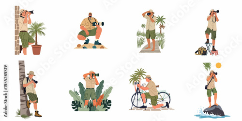 Set of flat illustrations featuring professional photographers in safari gear capturing nature and wildlife in various tropical outdoor settings.