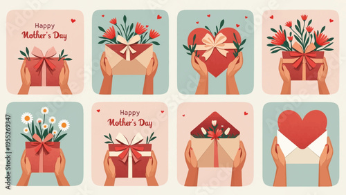 Set of 8 Mother's Day gift and heart icons vector