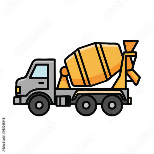 Flat design cement mixer truck with yellow barrel and grey cab