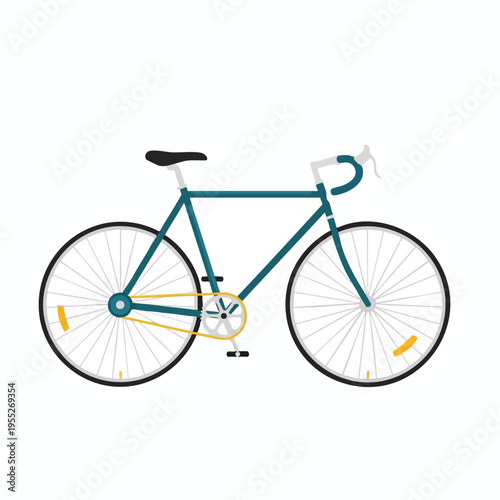Teal bicycle with drop handlebars, black seat, and yellow chain