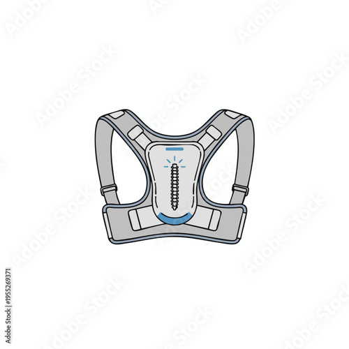 Gray posture corrector vest with blue accent and spinal illustration