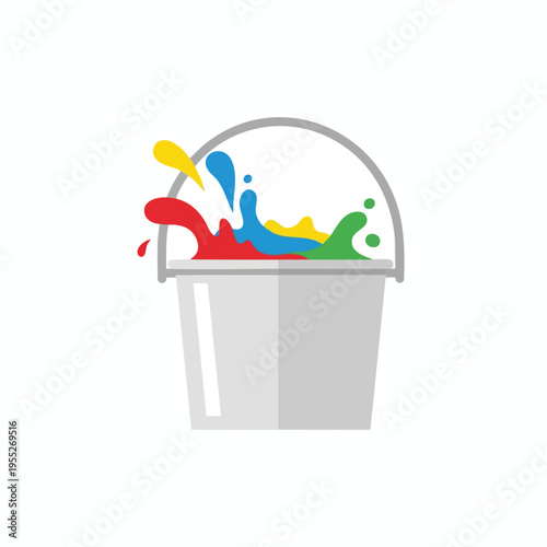 A gray bucket overflows with colorful liquid splashes, red, blue, yellow, green
