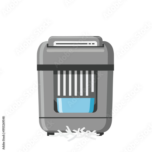 A gray paper shredder with a blue bin and shredded paper below