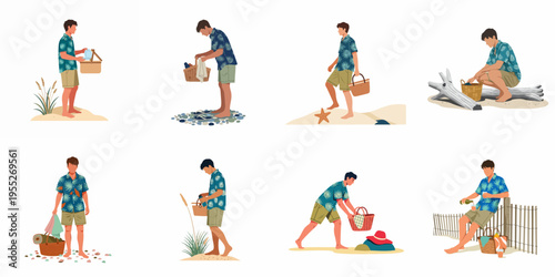 Vector set of a young man enjoying a beach picnic, carrying a basket, and relaxing on the sand in various poses.