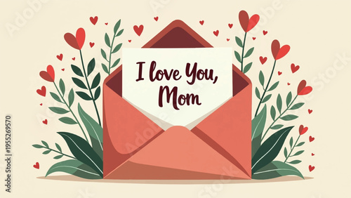 Vector Mother's Day greeting card with envelope and floral design