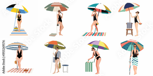 Set of Eight Flat Vector Illustrations of a Fashionable Woman in a Black Swimsuit and Sunglasses Posing with Colorful Beach Umbrellas and Accessories.