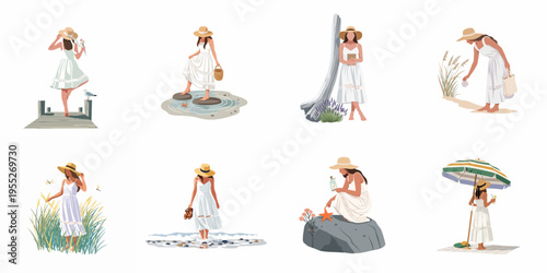 Minimalist vector illustrations of a woman in a white sundress and straw hat enjoying various coastal activities like beachcombing, walking, and relaxing.