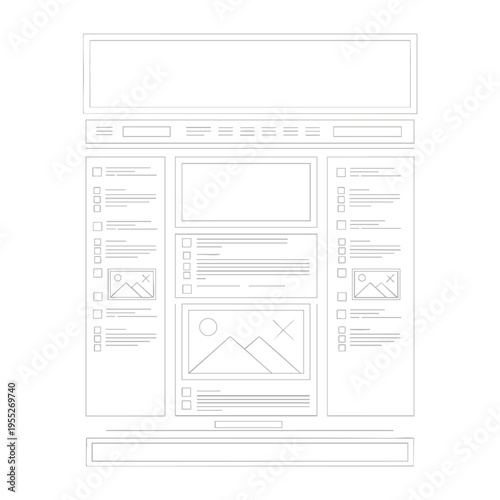 Wireframe sketch of a webpage layout with multiple content blocks and images