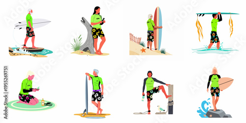 Collection of diverse surfers wearing UPF rash guards and floral shorts, carrying surfboards and preparing for a day at the beach.