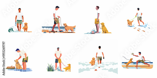 Collection of illustrations featuring men walking, playing, and relaxing with golden retriever dogs on the beach.