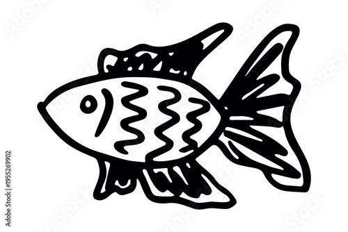 Hand drawn happy funny cute goldfish Adorable friendly kawaii tropical fish Underwater world sea life ocean Fishing seafood For design, kids print, kids books, nursery decor, coloring pages, logo