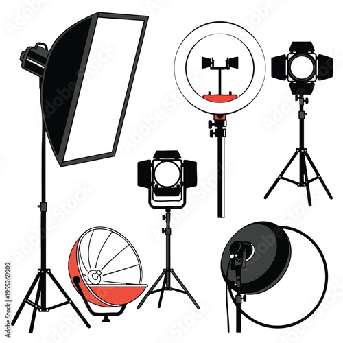 Set of diverse studio lighting equipment with stands