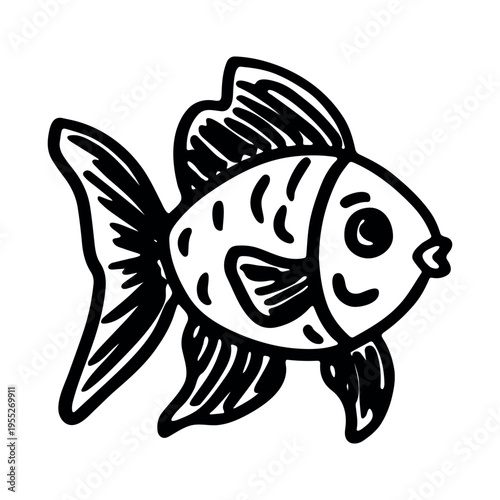 Hand drawn happy funny cute goldfish Adorable friendly kawaii tropical fish Underwater world sea life ocean Fishing seafood For design, kids print, kids books, nursery decor, coloring pages, logo