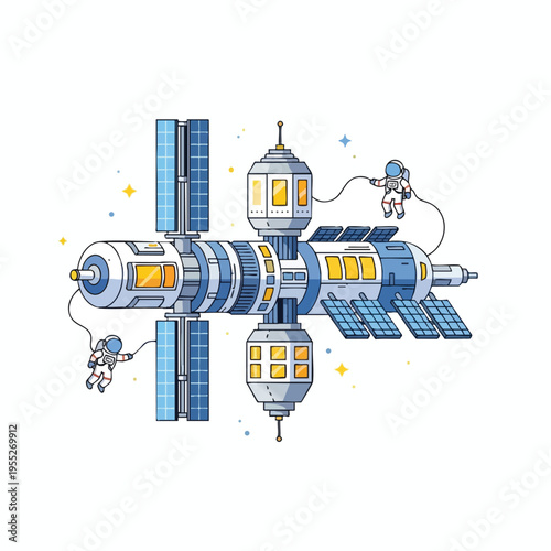 Two astronauts tethered to a space station with solar panels