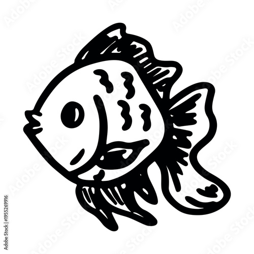 Hand drawn happy funny cute goldfish Adorable friendly kawaii tropical fish Underwater world sea life ocean Fishing seafood For design, kids print, kids books, nursery decor, coloring pages, logo