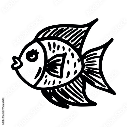 Hand drawn happy funny cute goldfish Adorable friendly kawaii tropical fish Underwater world sea life ocean Fishing seafood For design, kids print, kids books, nursery decor, coloring pages, logo