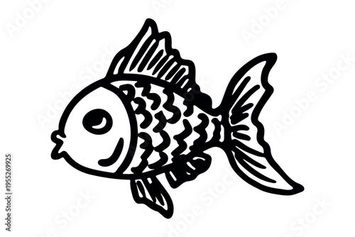 Hand drawn happy funny cute goldfish Adorable friendly kawaii tropical fish Underwater world sea life ocean Fishing seafood For design, kids print, kids books, nursery decor, coloring pages, logo