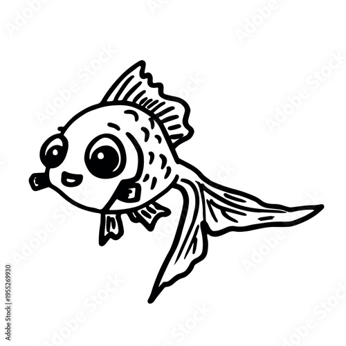 Hand drawn happy funny cute goldfish Adorable friendly kawaii tropical fish Underwater world sea life ocean Fishing seafood For design, kids print, kids books, nursery decor, coloring pages, logo