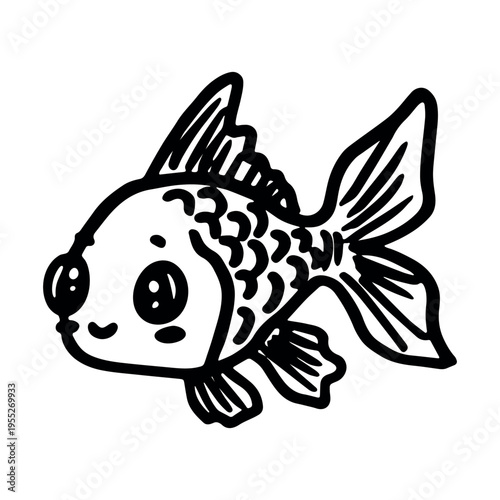 Hand drawn happy funny cute goldfish Adorable friendly kawaii tropical fish Underwater world sea life ocean Fishing seafood For design, kids print, kids books, nursery decor, coloring pages, logo