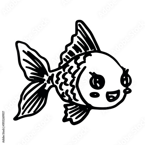 Hand drawn happy funny cute goldfish Adorable friendly kawaii tropical fish Underwater world sea life ocean Fishing seafood For design, kids print, kids books, nursery decor, coloring pages, logo