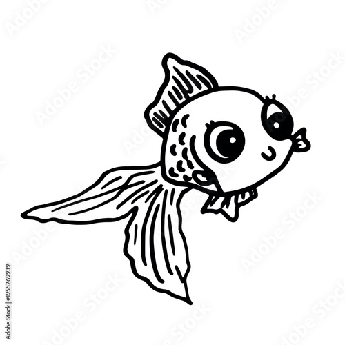 Hand drawn happy funny cute goldfish Adorable friendly kawaii tropical fish Underwater world sea life ocean Fishing seafood For design, kids print, kids books, nursery decor, coloring pages, logo