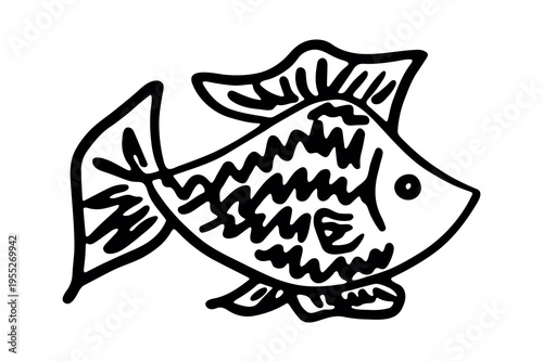 Hand drawn happy funny cute goldfish Adorable friendly kawaii tropical fish Underwater world sea life ocean Fishing seafood For design, kids print, kids books, nursery decor, coloring pages, logo