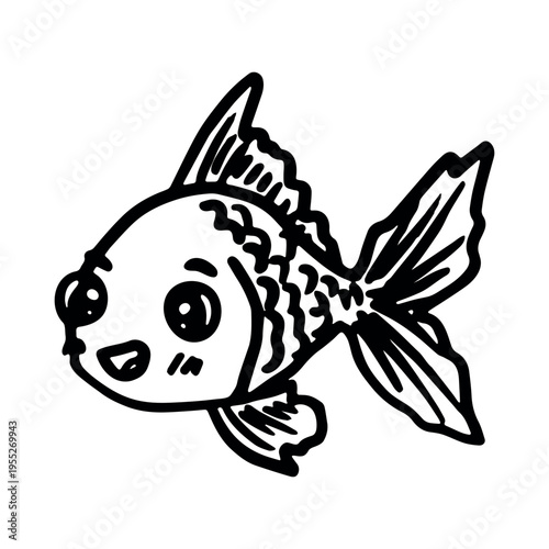 Hand drawn happy funny cute goldfish Adorable friendly kawaii tropical fish Underwater world sea life ocean Fishing seafood For design, kids print, kids books, nursery decor, coloring pages, logo