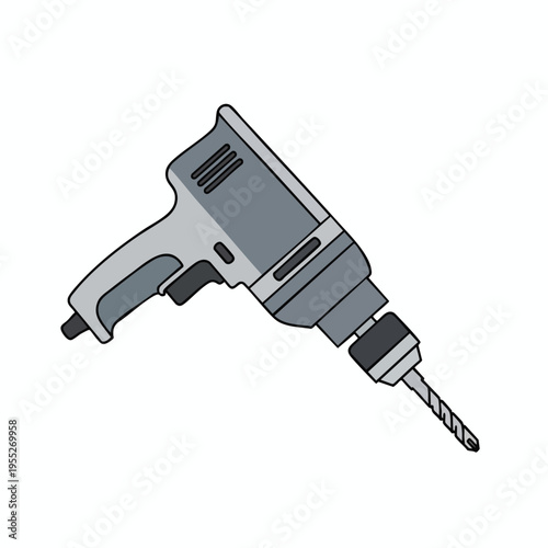 A stylized grey handheld drill with a bit is angled against a white background