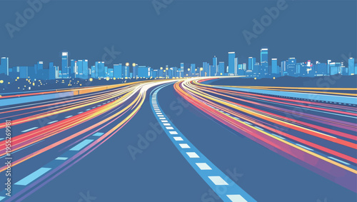 City skyline at night with light trails from moving cars on a busy highway