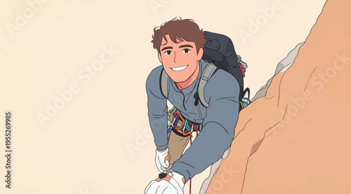 Climber reaches for the next hold while scaling a steep rock face in a sunny outdoor setting in the middle of the day