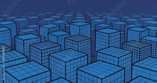 Concept of a city made of blue cubes viewed from above in a digital space during the night time