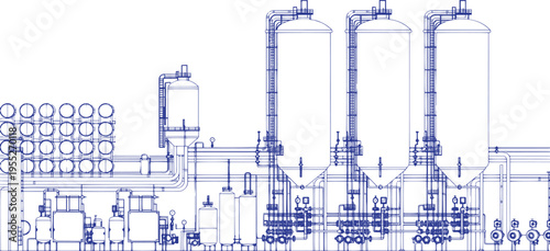 Industrial Alcohol Distillery Factory Interior with Fermentation Tanks, Pipes and Valve Network – Hand Drawn Technical Illustration