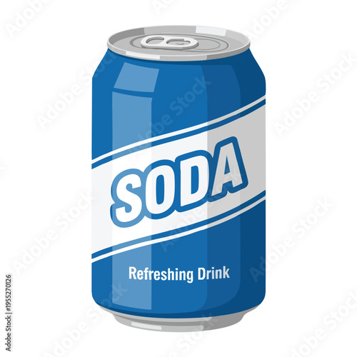Blue soda can with white label reading "SODA" and "Refreshing Drink