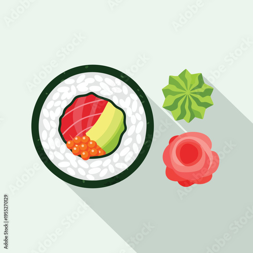 Overhead view of a sushi roll with salmon, avocado, and roe, served with wasabi and ginger